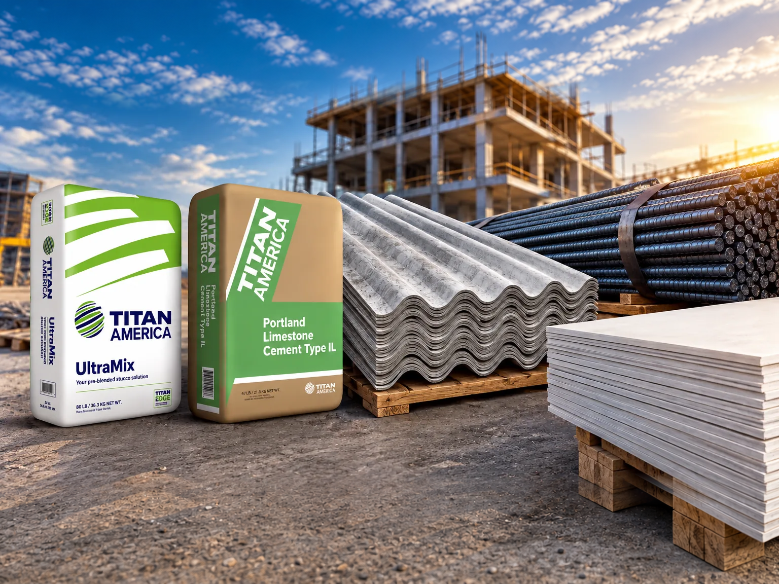 Building materials including cement, roofing sheets, rebar, and fiber cement boards